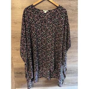 Westbound Women Top Blouse Shirt Sz 3XL Plus Black Floral Round Neck Flare